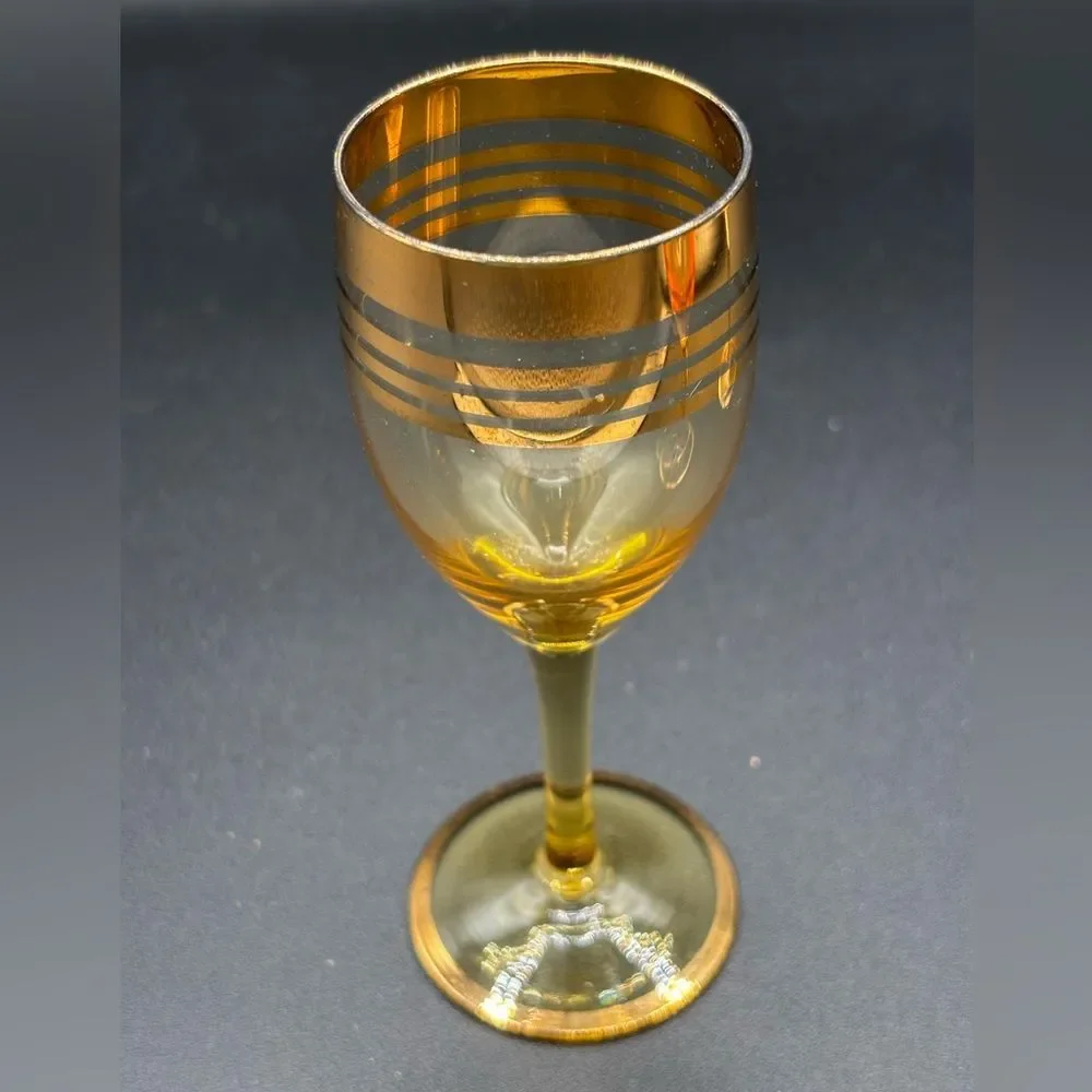Vtg. (3) Amber Optic Gold Trim Sherry Cordial Stem Glasses Orange Yellow MCM